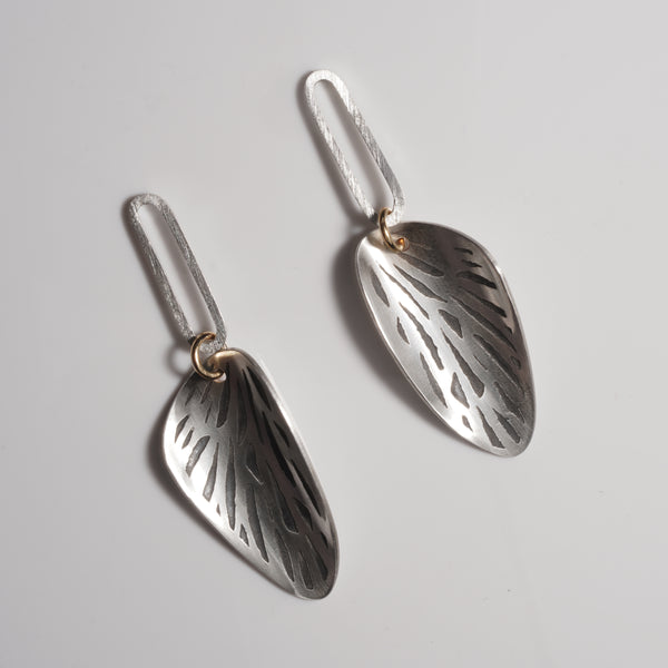 sterling silver etched drop earrings with gold connecting ring