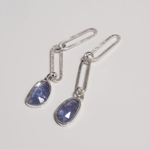 Sterling silver drop earrings from paperclip chains with tanzanite rosecut stones