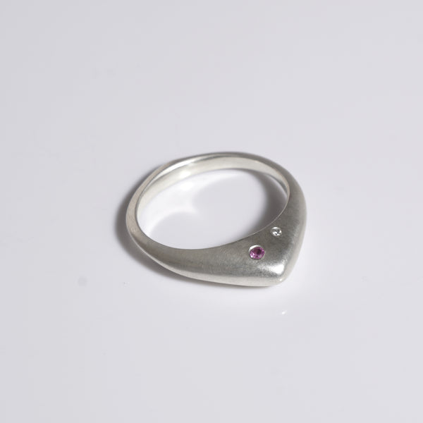 Handmade sterling silver pointed ring with diamonds, pink sapphires