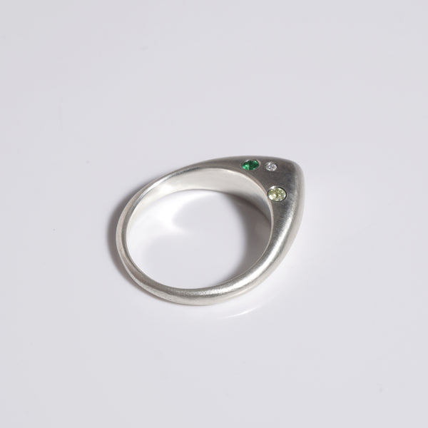 Handmade sterling silver pointed stacking ring with diamonds, tsavorite garnet, citrine